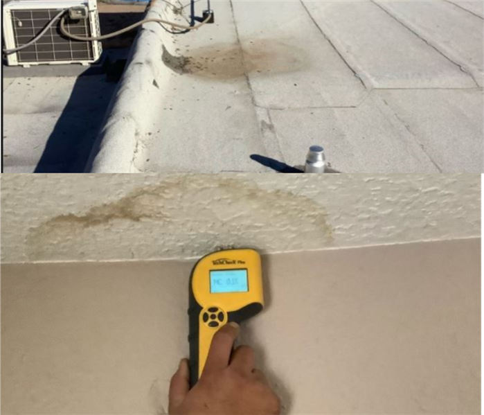 top photo shows ponding on a roof - Bottom shows wet dry wall