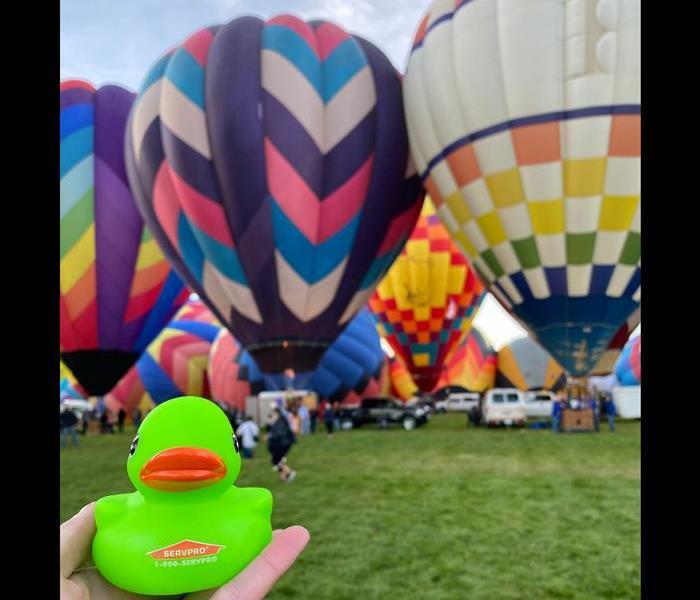 Green rubber duck in front of an array of hot air balloons